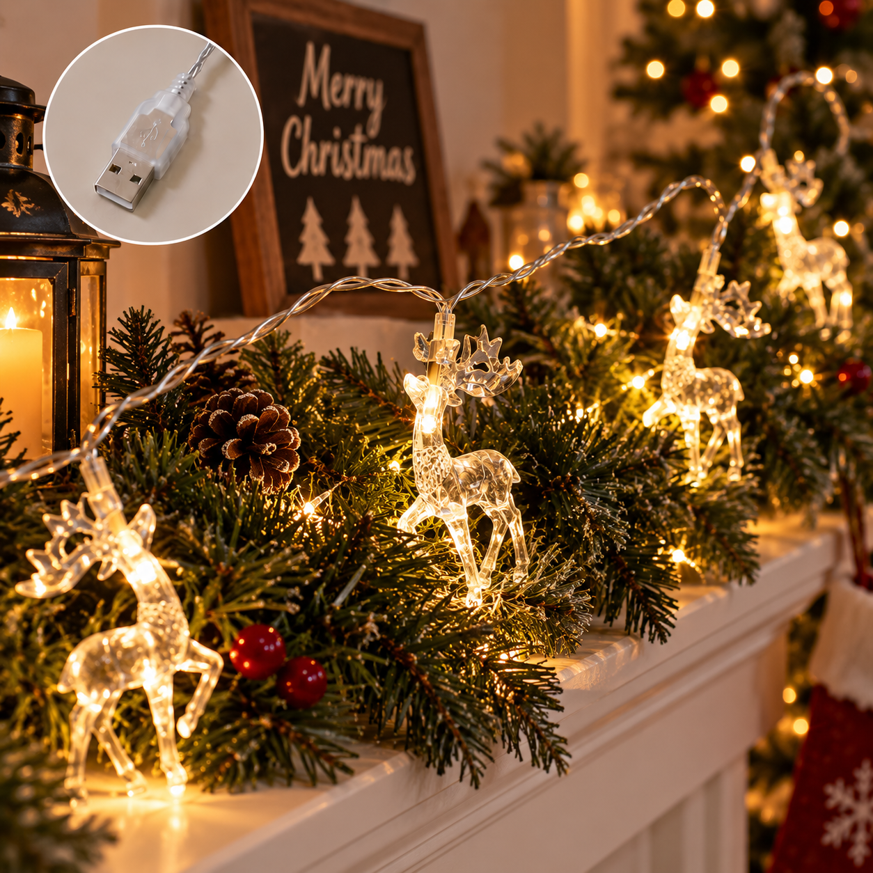 10M Deer festive light usb (free adapter included)